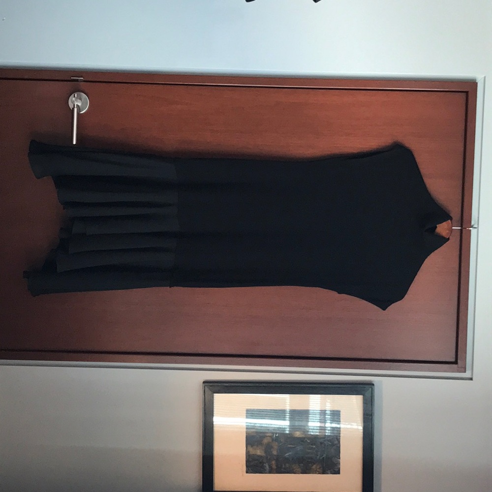Black turtleneck wool dress w/silk chiffon ruffle